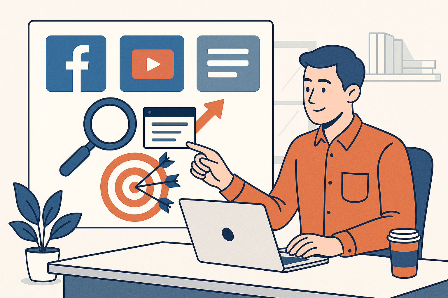 A professional working on a laptop, pointing at icons of social media, content, and marketing strategy charts, symbolizing digital content syndication and lead targeting.