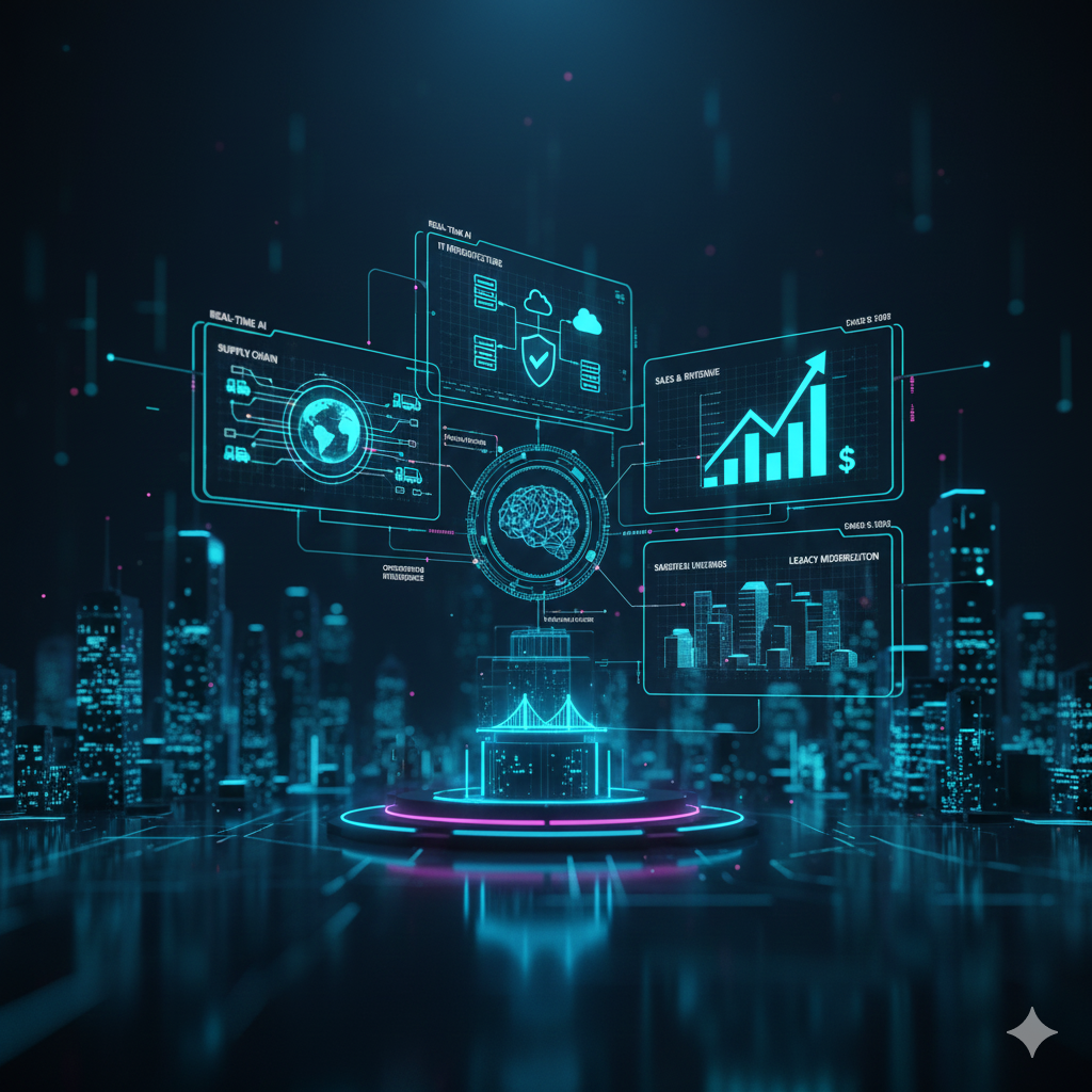 A high-tech digital interface showing real-time B2B data streams, AI decision nodes, and predictive analytics insights.
