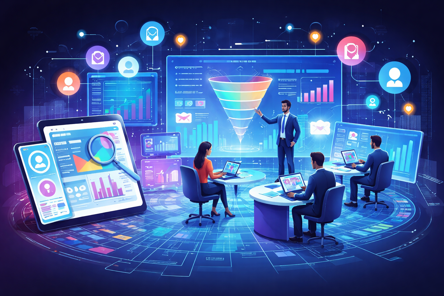 Illustration showing signal-based marketing with data insights, intent signals, and B2B tools dashboard