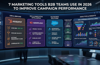 Marketing tools dashboard showing HubSpot, Semrush, Salesforce and analytics platforms used by B2B teams.