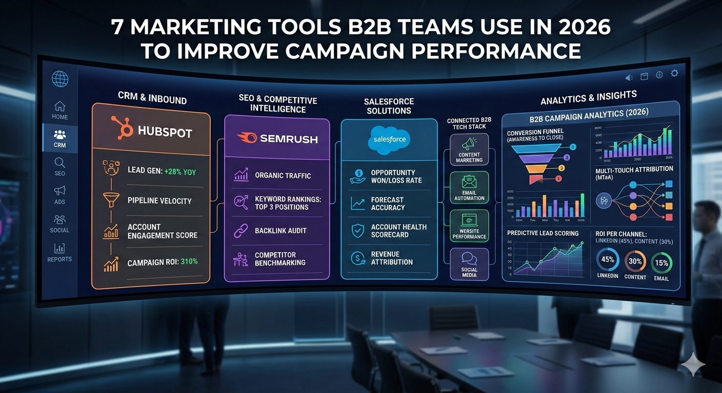 Marketing tools dashboard showing HubSpot, Semrush, Salesforce and analytics platforms used by B2B teams.