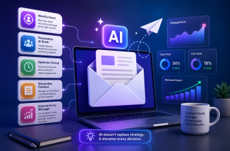 AI-powered email marketing dashboard with analytics, personalization, automation, and engagement metrics in a modern digital workspace.