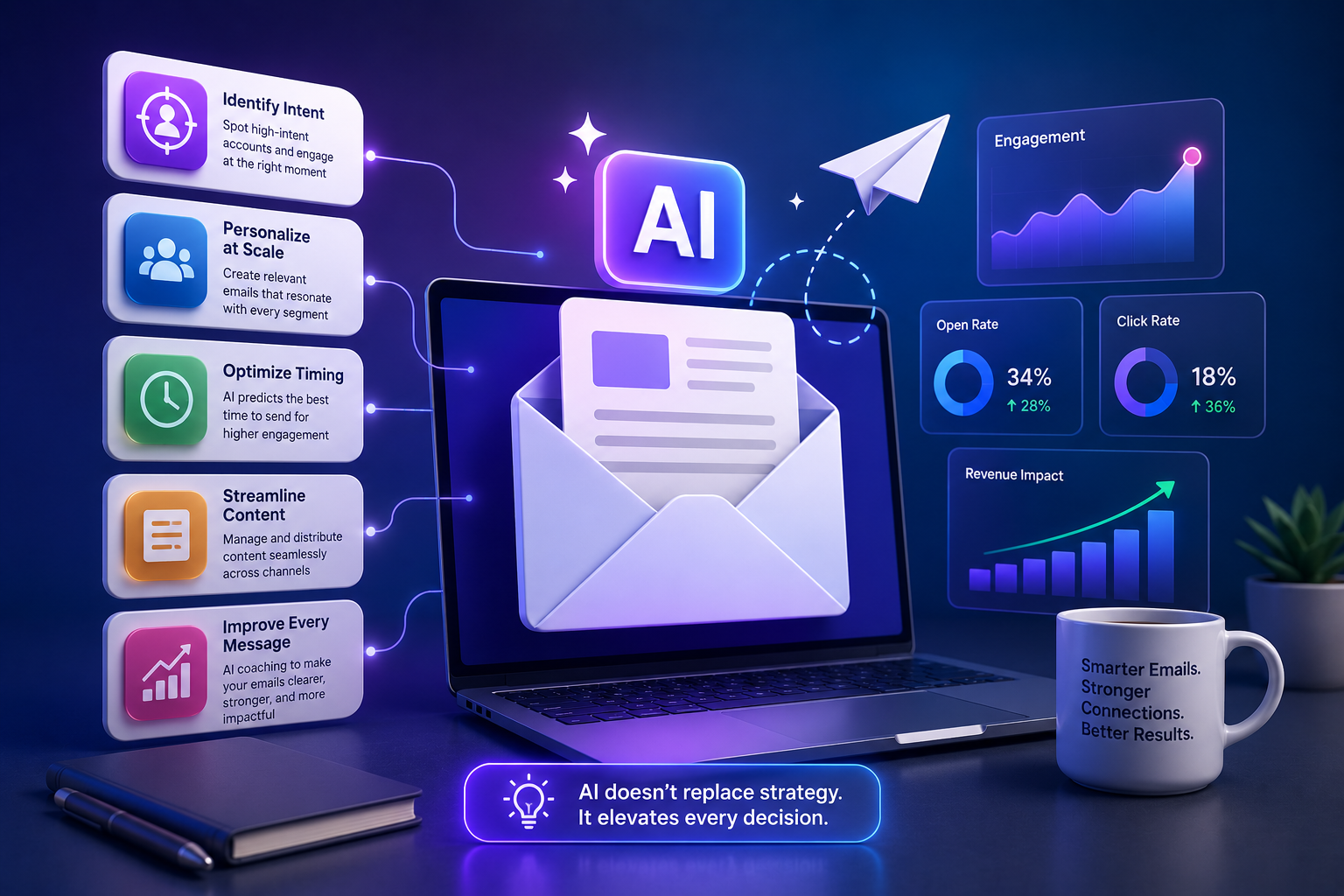 AI-powered email marketing dashboard with analytics, personalization, automation, and engagement metrics in a modern digital workspace.