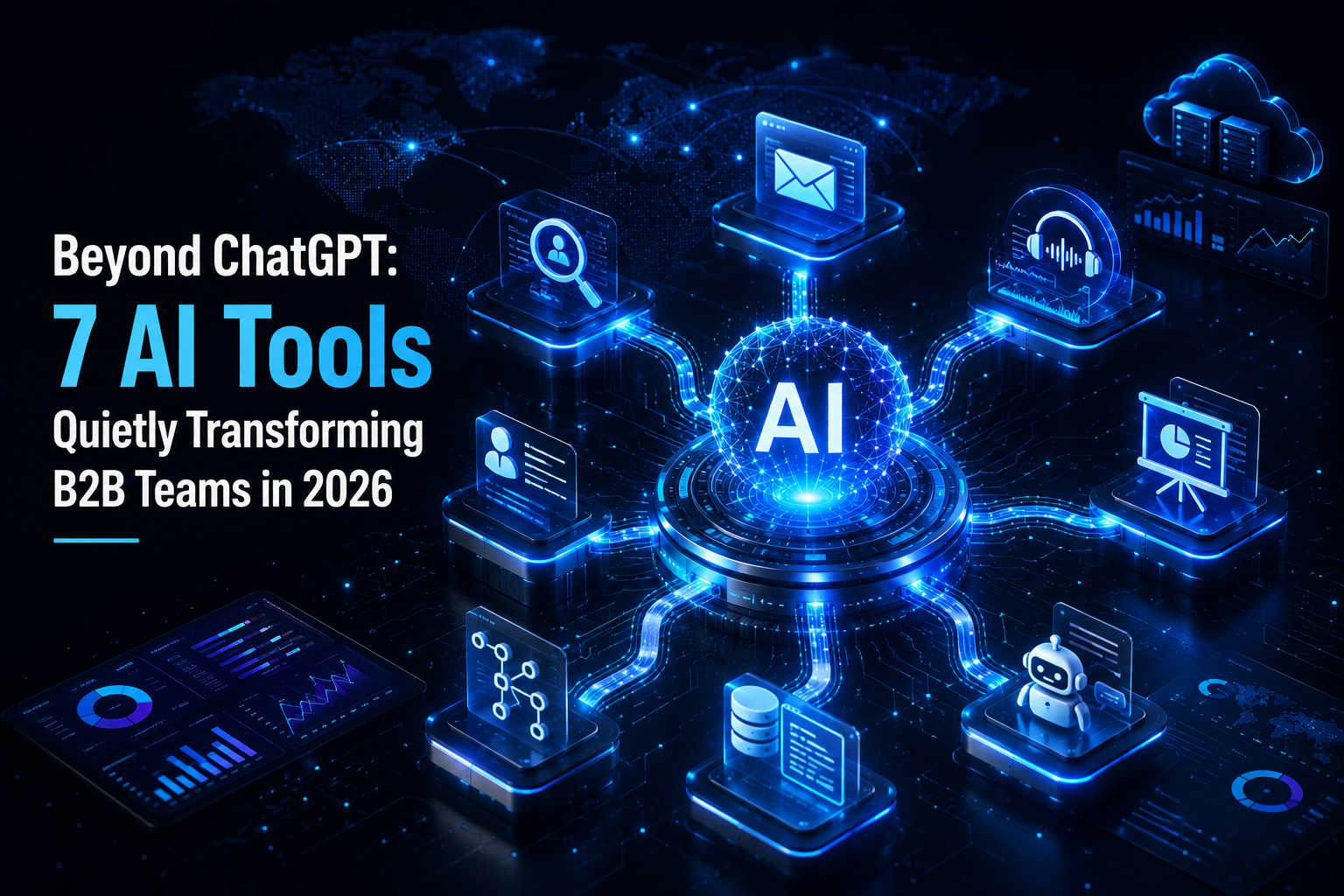Futuristic illustration of AI tools for B2B teams, featuring automation, analytics, chatbots, cloud computing, email intelligence, and AI-powered workflows.