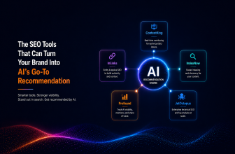 AI-powered SEO tools infographic featuring ContentKing, InLinks, IndexNow, Profound, and JetOctopus connected to an AI recommendation engine for improved search visibility.