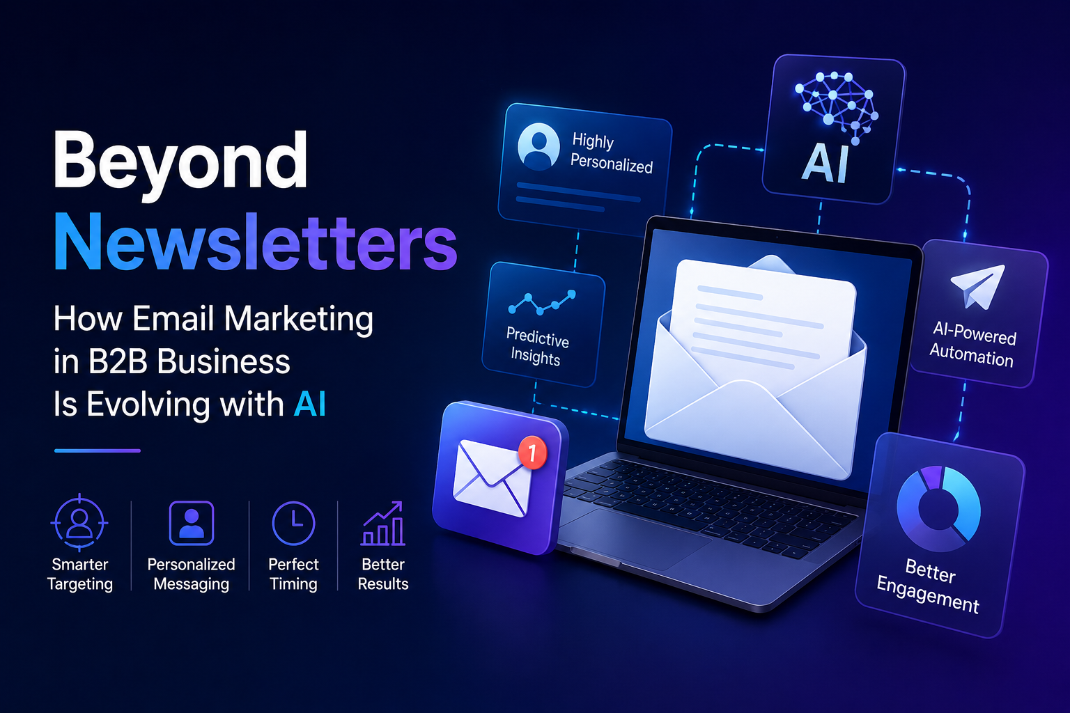 AI-powered email marketing in B2B business showing automated personalization, audience targeting, behavioral insights, and campaign optimization through artificial intelligence.