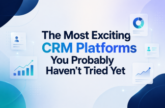 Modern illustration showcasing innovative CRM platforms with business analytics and customer management graphics.