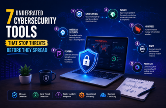 Illustration of modern cybersecurity tools featuring endpoint protection, threat detection, security monitoring, vulnerability management, penetration testing, and real-time cyber defense to stop threats before they spread.