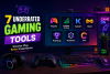 Futuristic gaming setup featuring seven underrated gaming tools, including Playnite, Lossless Scaling, Special K, Medal, Repeat.gg, Mobalytics, and Core, displayed on a neon-lit monitor with gaming peripherals and colorful digital graphics.
