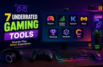 Futuristic gaming setup featuring seven underrated gaming tools, including Playnite, Lossless Scaling, Special K, Medal, Repeat.gg, Mobalytics, and Core, displayed on a neon-lit monitor with gaming peripherals and colorful digital graphics.