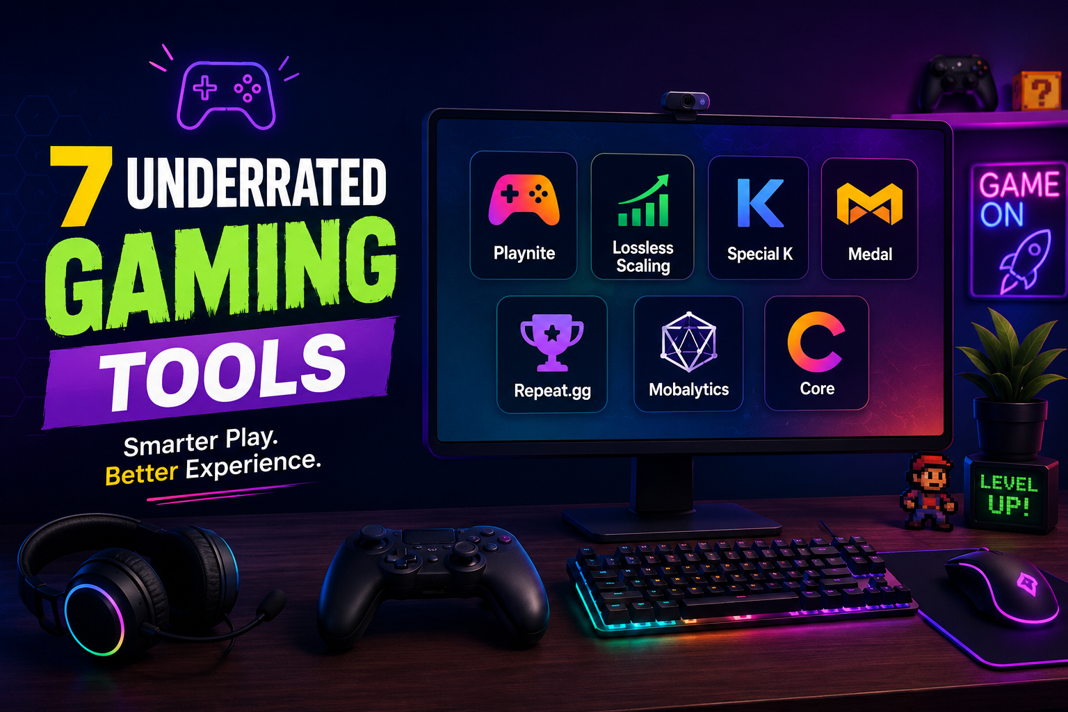 Futuristic gaming setup featuring seven underrated gaming tools, including Playnite, Lossless Scaling, Special K, Medal, Repeat.gg, Mobalytics, and Core, displayed on a neon-lit monitor with gaming peripherals and colorful digital graphics.