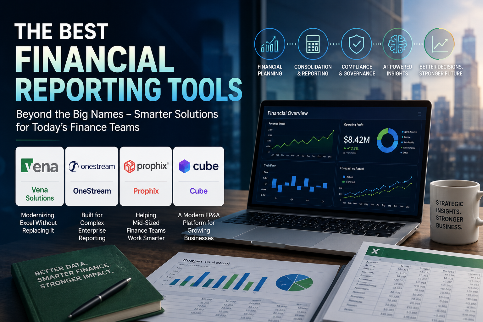 Modern finance dashboard featuring financial reporting tools, analytics, AI insights, and business planning.