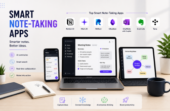 Smart note-taking apps including Notion AI, Mem AI, Reflect, Obsidian, OneNote with Copilot, Evernote, and Tana displayed in a modern productivity workspace.