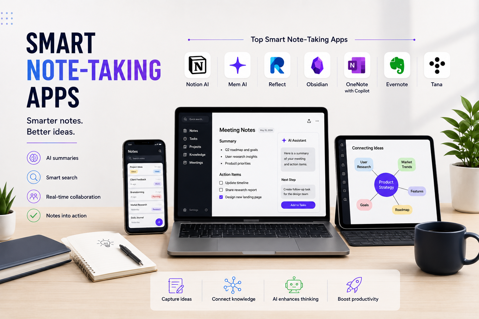Smart note-taking apps including Notion AI, Mem AI, Reflect, Obsidian, OneNote with Copilot, Evernote, and Tana displayed in a modern productivity workspace.