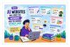 Cartoon-style illustration featuring seven underrated AI websites that help with writing, productivity, research, planning, business strategy, mind mapping, and creative asset management.