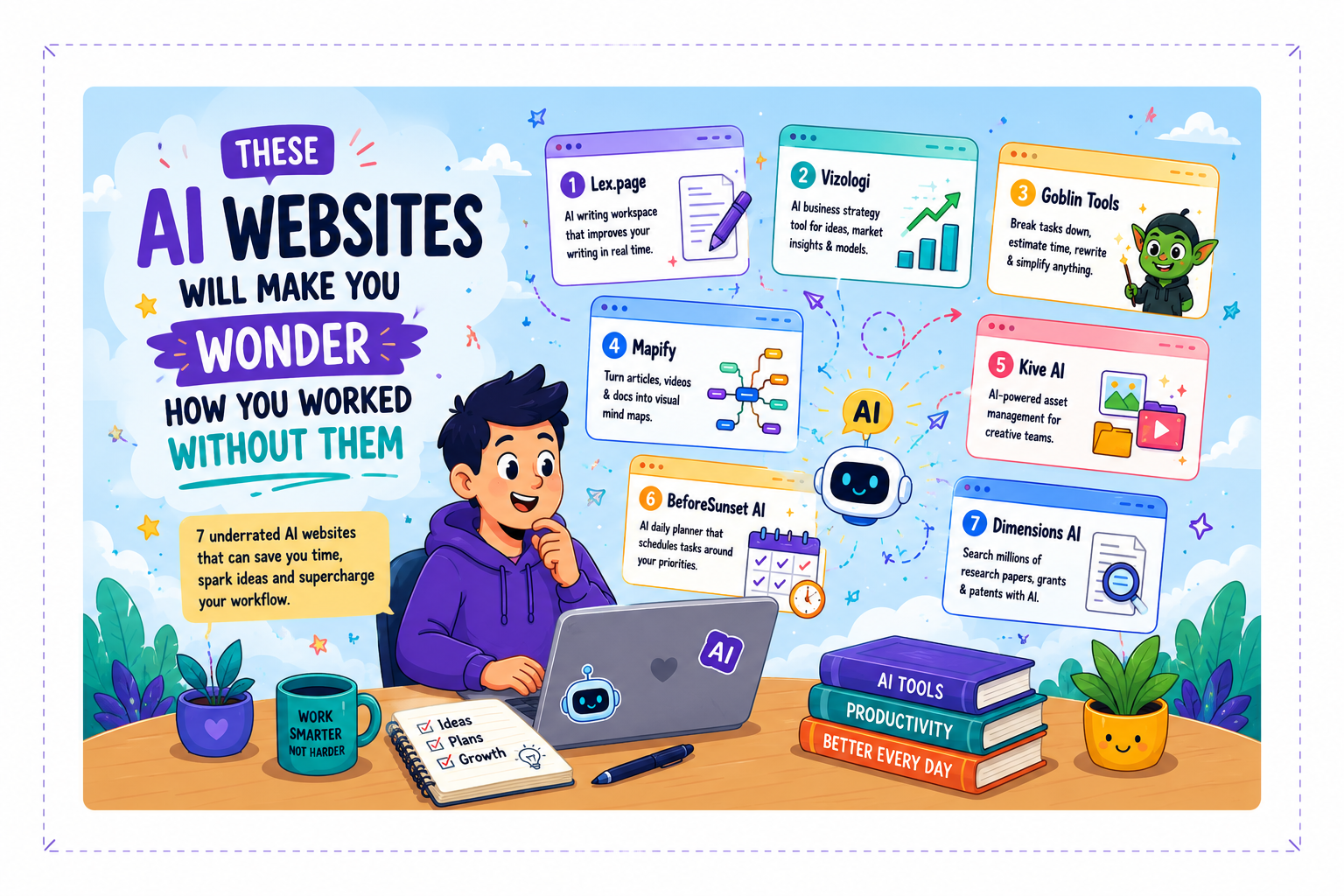 Cartoon-style illustration featuring seven underrated AI websites that help with writing, productivity, research, planning, business strategy, mind mapping, and creative asset management.