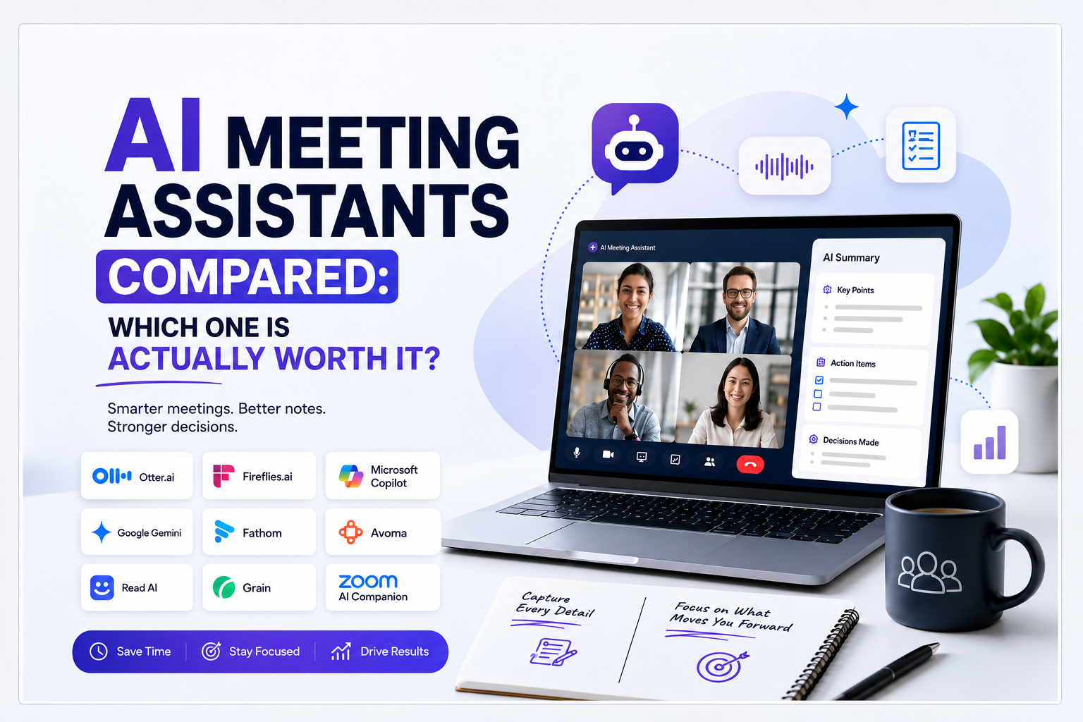 Comparison of the best AI meeting assistants including Otter.ai, Fireflies.ai, Microsoft Copilot, Google Gemini, Read AI, Grain, Fathom, Avoma, and Zoom AI Companion for automated meeting notes, summaries, and action items.