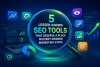 SEO tools dashboard with modern digital marketing graphics.