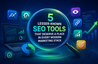 SEO tools dashboard with modern digital marketing graphics.