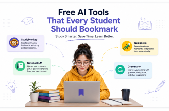 Student using free AI study tools including StudyMonkey, NotebookLM, Quizgecko, and Grammarly to improve productivity, note-taking, exam preparation, and academic writing.