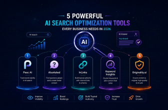 Illustration showcasing AI Search Optimization Tools with dashboards, analytics, AI assistants, search insights, and SEO automation features.