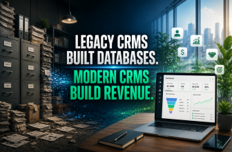Illustration of a modern CRM platform transforming customer data into revenue insights.