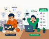 Cartoon illustration comparing manual office work with automated workflows using software automation tools to improve productivity in 2026.