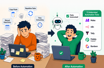 Cartoon illustration comparing manual office work with automated workflows using software automation tools to improve productivity in 2026.
