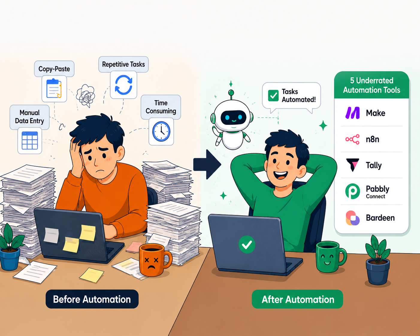 Cartoon illustration comparing manual office work with automated workflows using software automation tools to improve productivity in 2026.