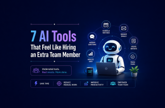 Illustration of an AI assistant robot using a laptop, showcasing seven underrated AI productivity tools that help automate emails, meetings, reporting, task management, data analysis, and customer support.