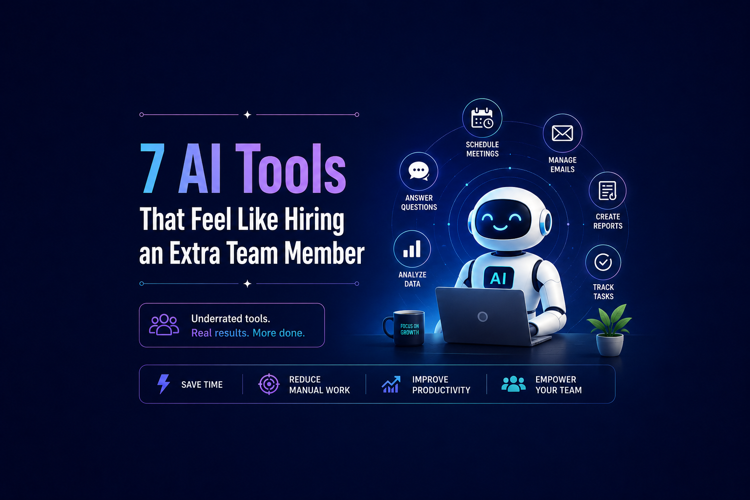 Illustration of an AI assistant robot using a laptop, showcasing seven underrated AI productivity tools that help automate emails, meetings, reporting, task management, data analysis, and customer support.
