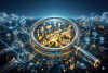 Futuristic illustration of AI sales tools identifying qualified leads through predictive analytics, automation, and intelligent data insights, represented by a digital magnifying glass over a connected business network.