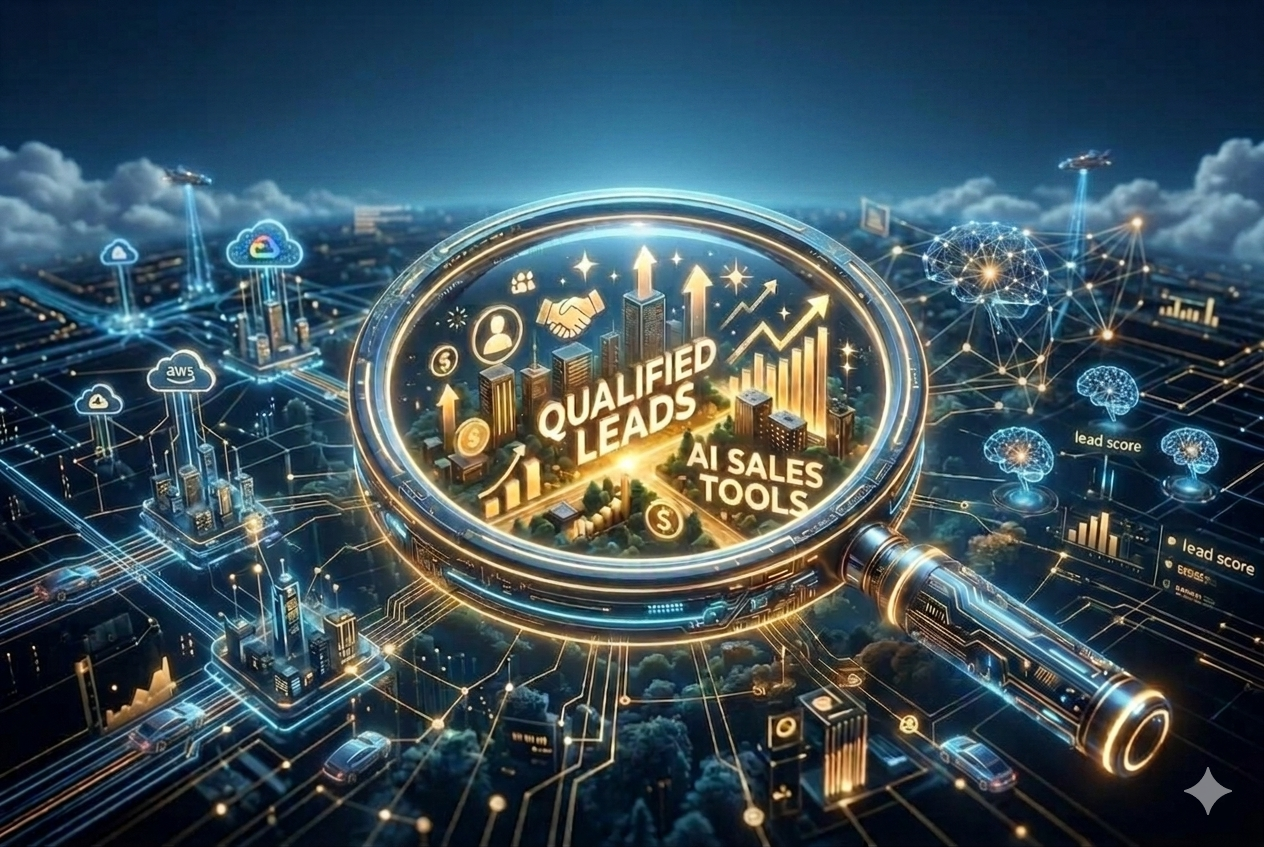 Futuristic illustration of AI sales tools identifying qualified leads through predictive analytics, automation, and intelligent data insights, represented by a digital magnifying glass over a connected business network.
