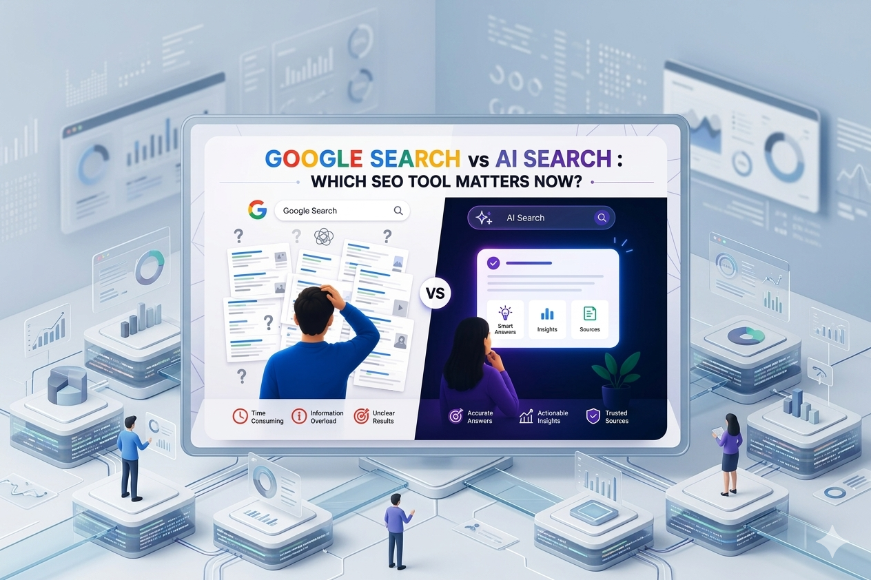 Google Search vs AI Search comparison showing traditional search results alongside AI-generated answers for modern SEO.