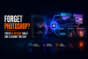 A futuristic blog banner featuring the headline "Forget Photoshop? These AI Design Tools Are Closing the Gap" on the left in bold white and orange typography. On the right, a traditional photo editing interface transitions into multiple AI-powered design tools connected by a glowing AI core, symbolizing the shift from conventional design software to modern AI-assisted creativity. The scene uses a dark blue cyber-themed background with vibrant neon blue and orange lighting.
