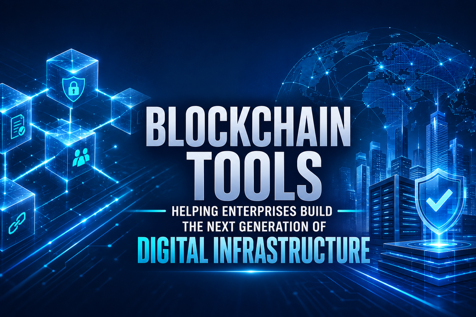 Blockchain technology illustration showing secure digital infrastructure with connected blockchain nodes.