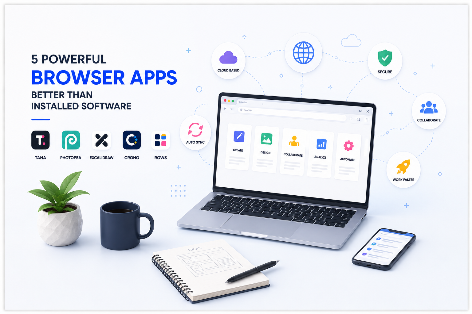 Modern illustration of five powerful browser apps replacing traditional desktop software, featuring cloud-based productivity, design, collaboration, automation, and business tools.